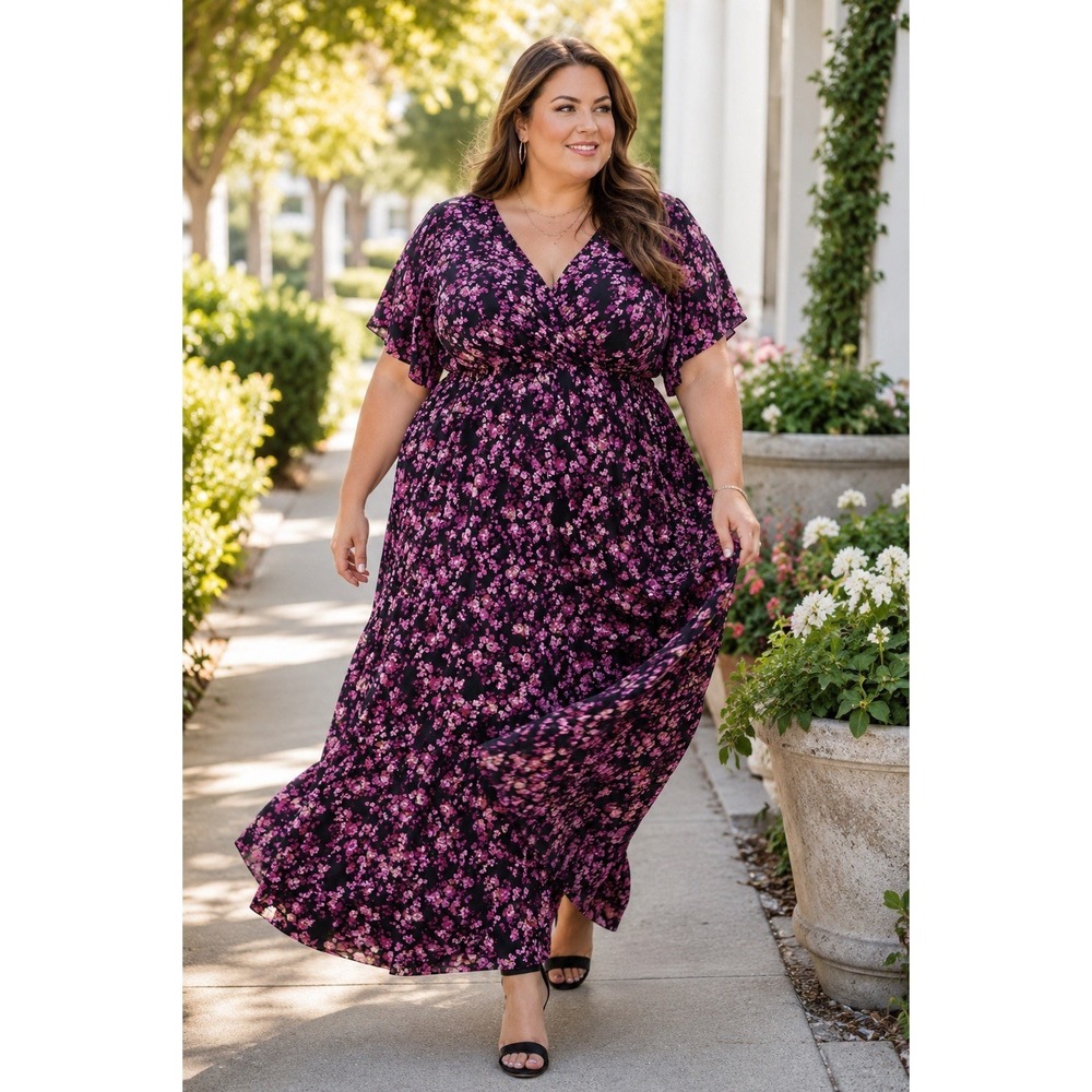 Torrid 4X Black Pink Floral Maxi Dress Surplice Flutter Sleeve Empire Waist